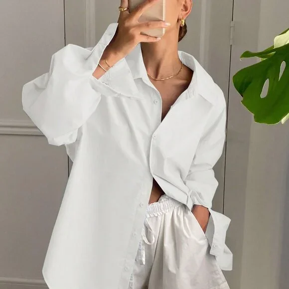 White Casual Women's Loose Long Sleeve Shirt With Collar - Picture 4 of 6